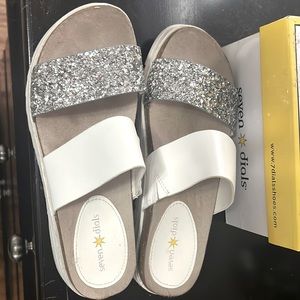 Size 7.5 silver glitter slip on slides! Perfect fun summer shoe!